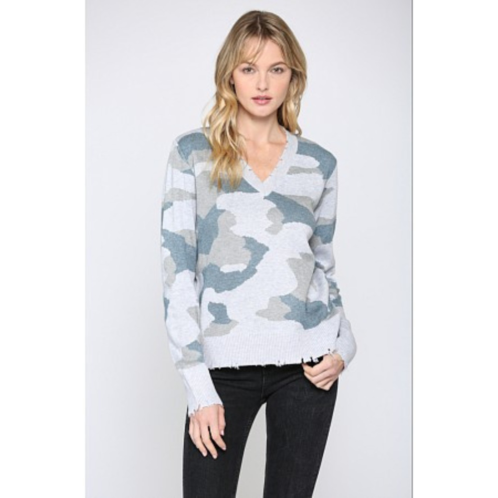 Fate Distressed Blue Gray Camo Sweater Sz M
